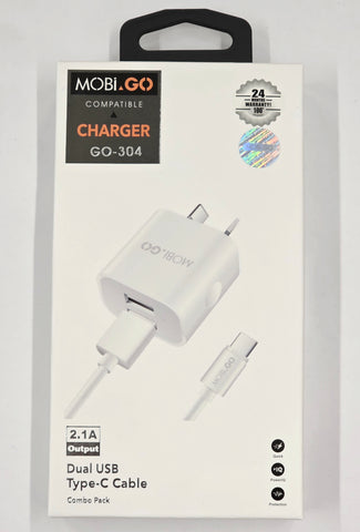 Mobi-Go 2.1 Amp Type C Double USB Adapter + Cable